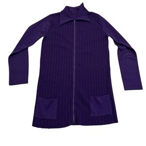 VINTAGE 60s/70s Purple Ribbed Zip-Up Tunic Sweater Dress | Full Zip Coatigan M